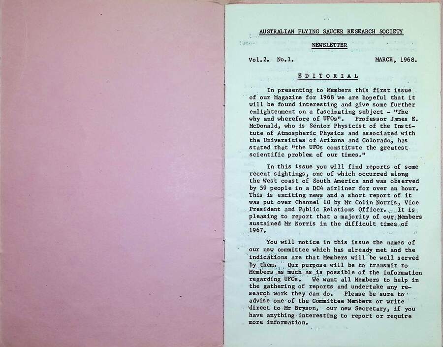 Pages 1 and 2 of the AFSRS Newsletter showing the editorial by M.E. Dodd, March 1968