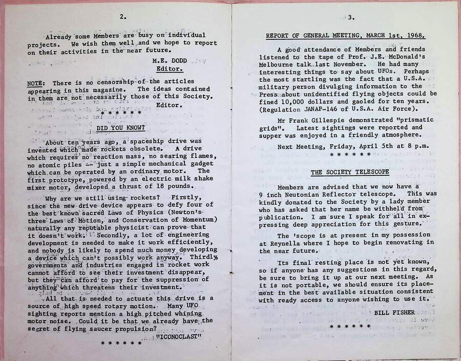 Pages 2 and 3 of the AFSRS Newsletter showing the general meeting report and society telescope section