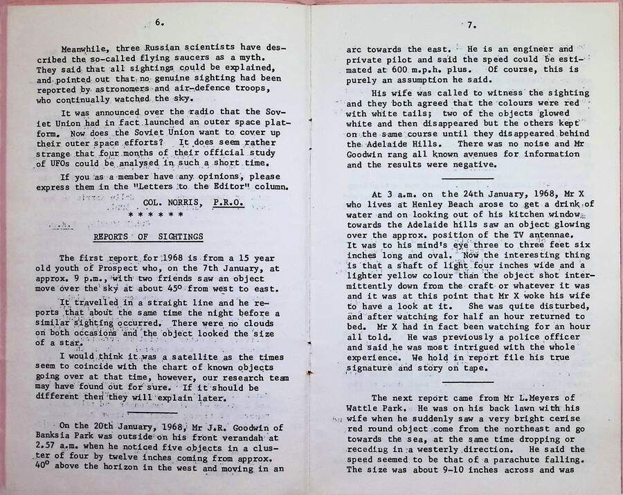 Pages 6 and 7 of the AFSRS Newsletter showing the report of sightings compiled by Col. Morris