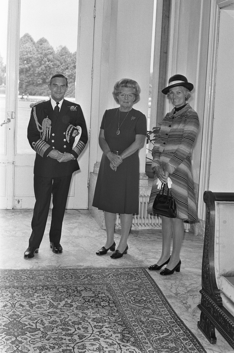 Hill-Norton, NATO Military Committee Chairman, received by Queen Juliana at Soestdijk Palace, c. 1975.