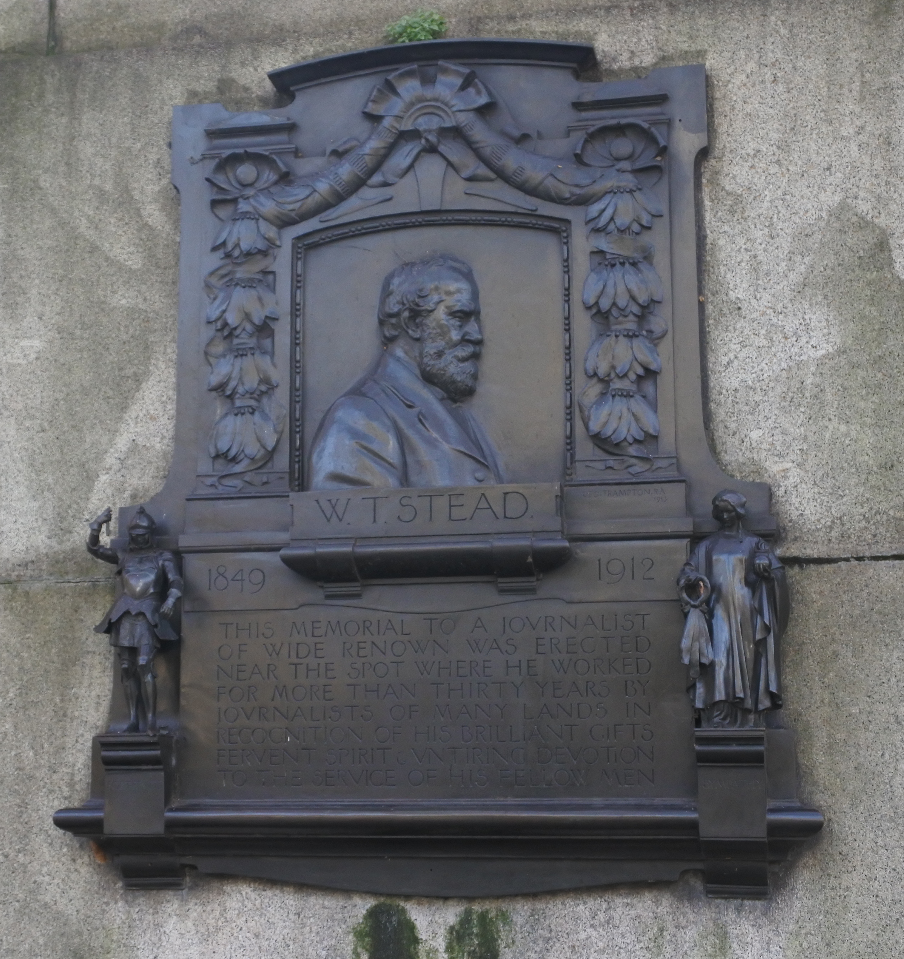 The W. T. Stead bronze memorial relief by Sir George Frampton RA, 1912, erected 1913 on the Victoria Embankment.
