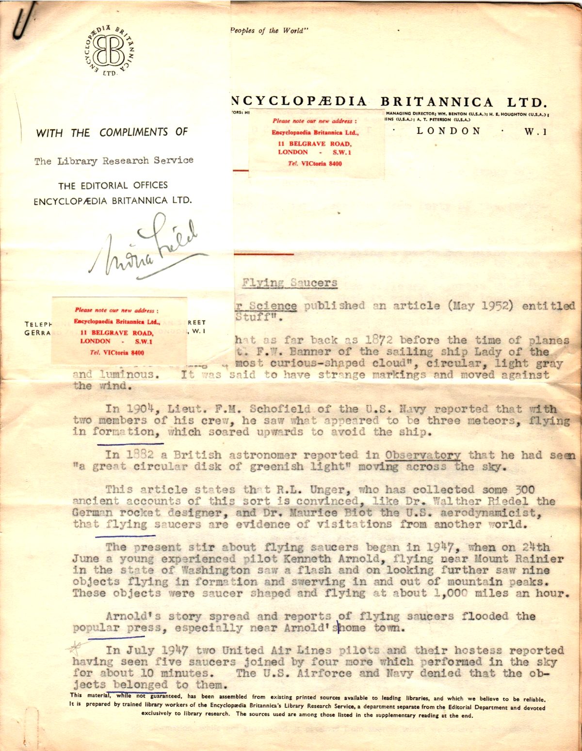 Compliments slip from the Library Research Service, Editorial Offices, Encyclopædia Britannica Ltd.