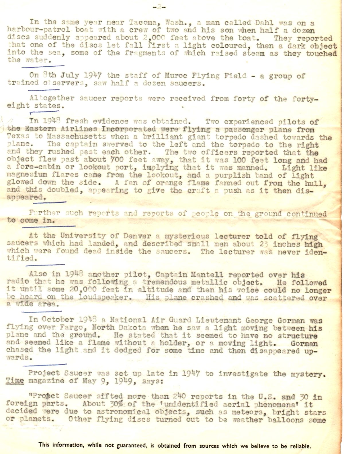 Page 2 of the Britannica report covering the Dahl incident, Muroc Flying Field, Eastern Airlines torpedo encounter, Captain Mantell crash, and Lieutenant Gorman's Fargo chase