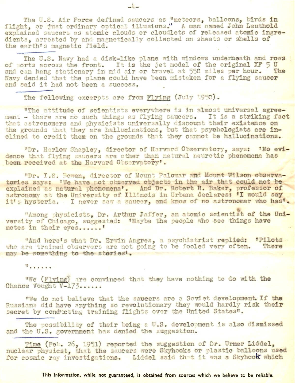 Page 4 of the Britannica report compiling scientific opinions from Harvard Observatory, Mount Palomar, University of Illinois, and the University of Chicago