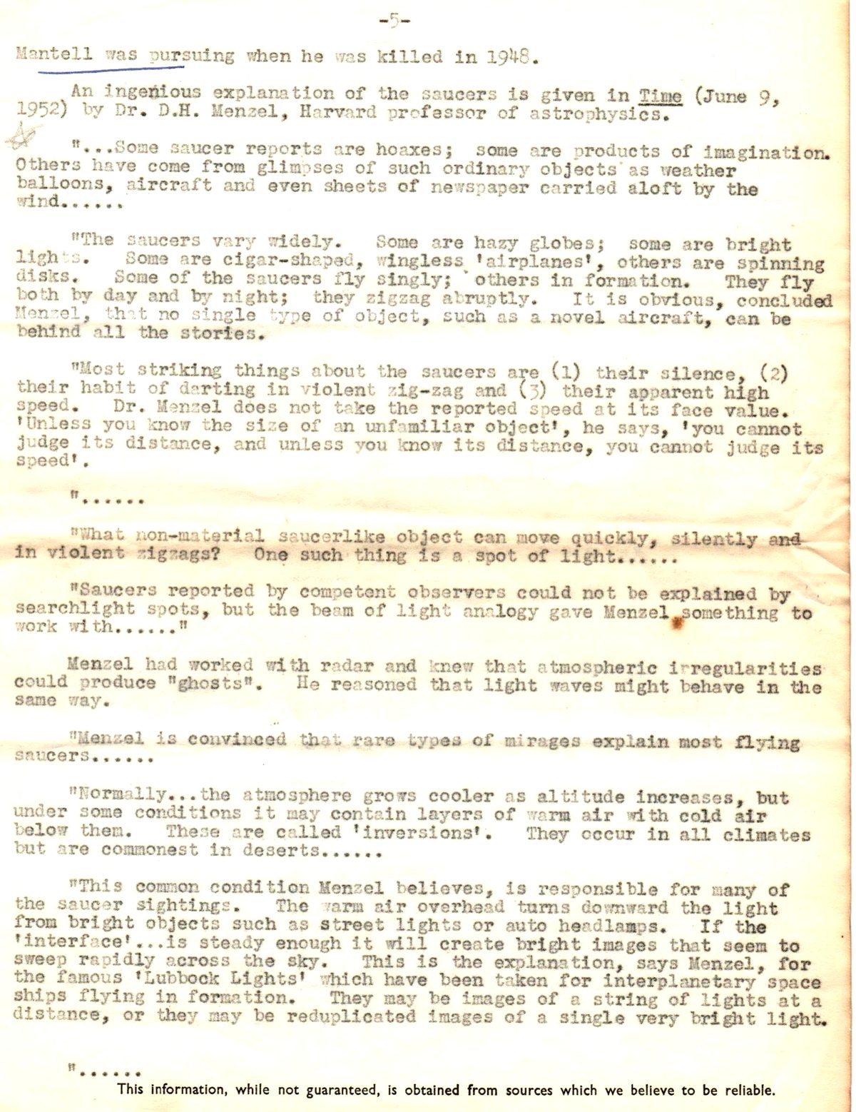 Pages 5-6 of the Britannica report detailing Menzel's mirage theory and the Lubbock Lights explanation