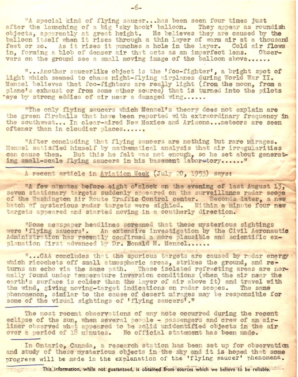 Final page of the Britannica report covering the Washington D.C. radar incident, solar eclipse observation, and Ontario research station
