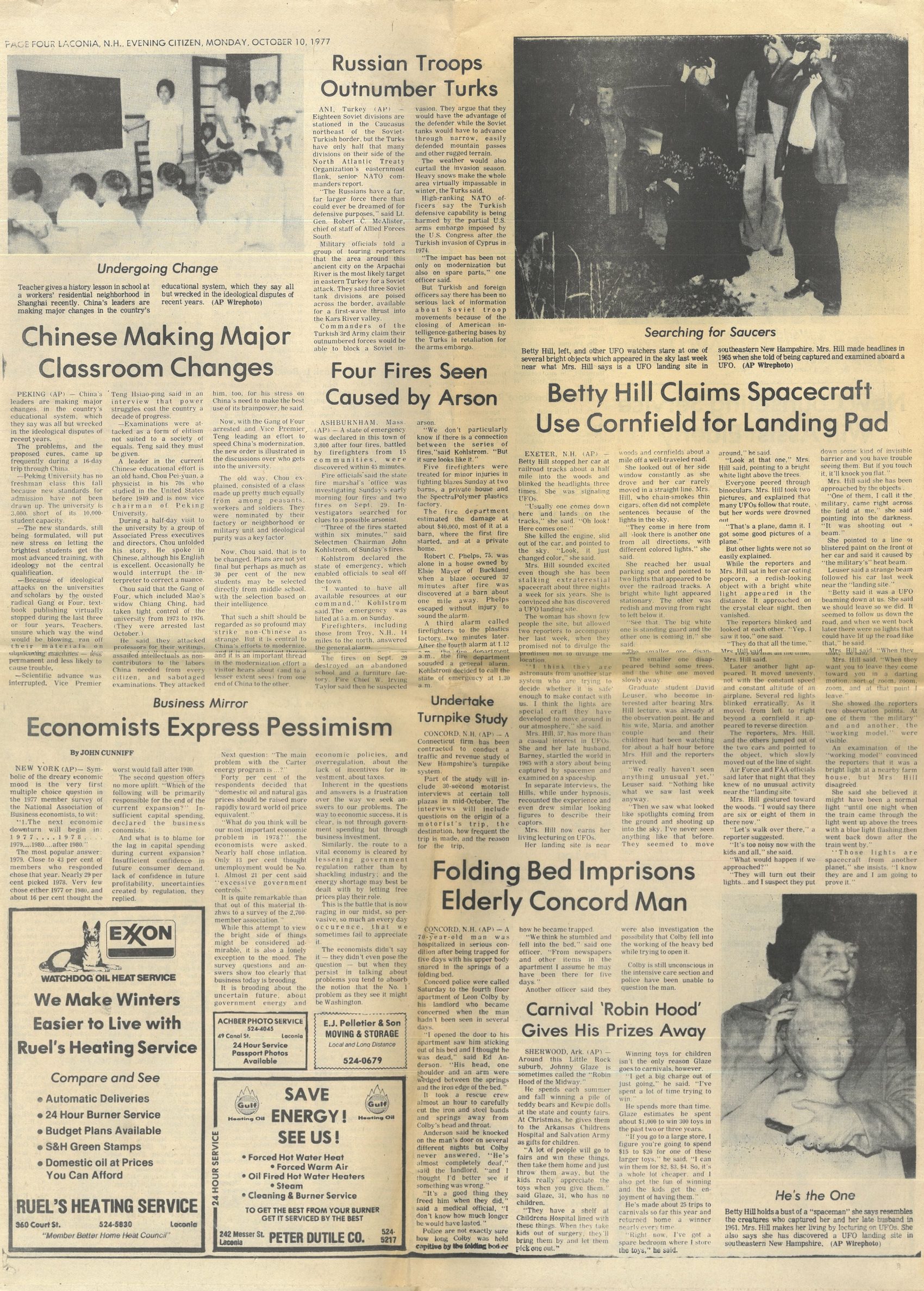 The full newspaper page, Laconia Evening Citizen, 10 October 1977, with the Betty Hill article.