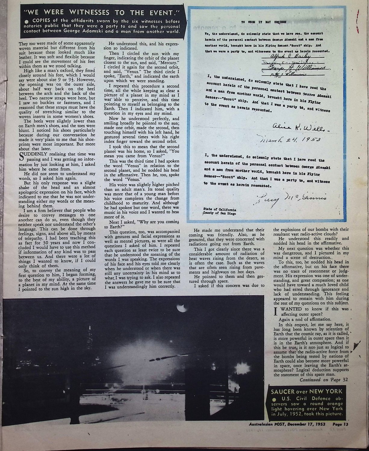 Magazine page reproducing photographic copies of the six notarised witness affidavits under the headline We Were Witnesses to the Event.