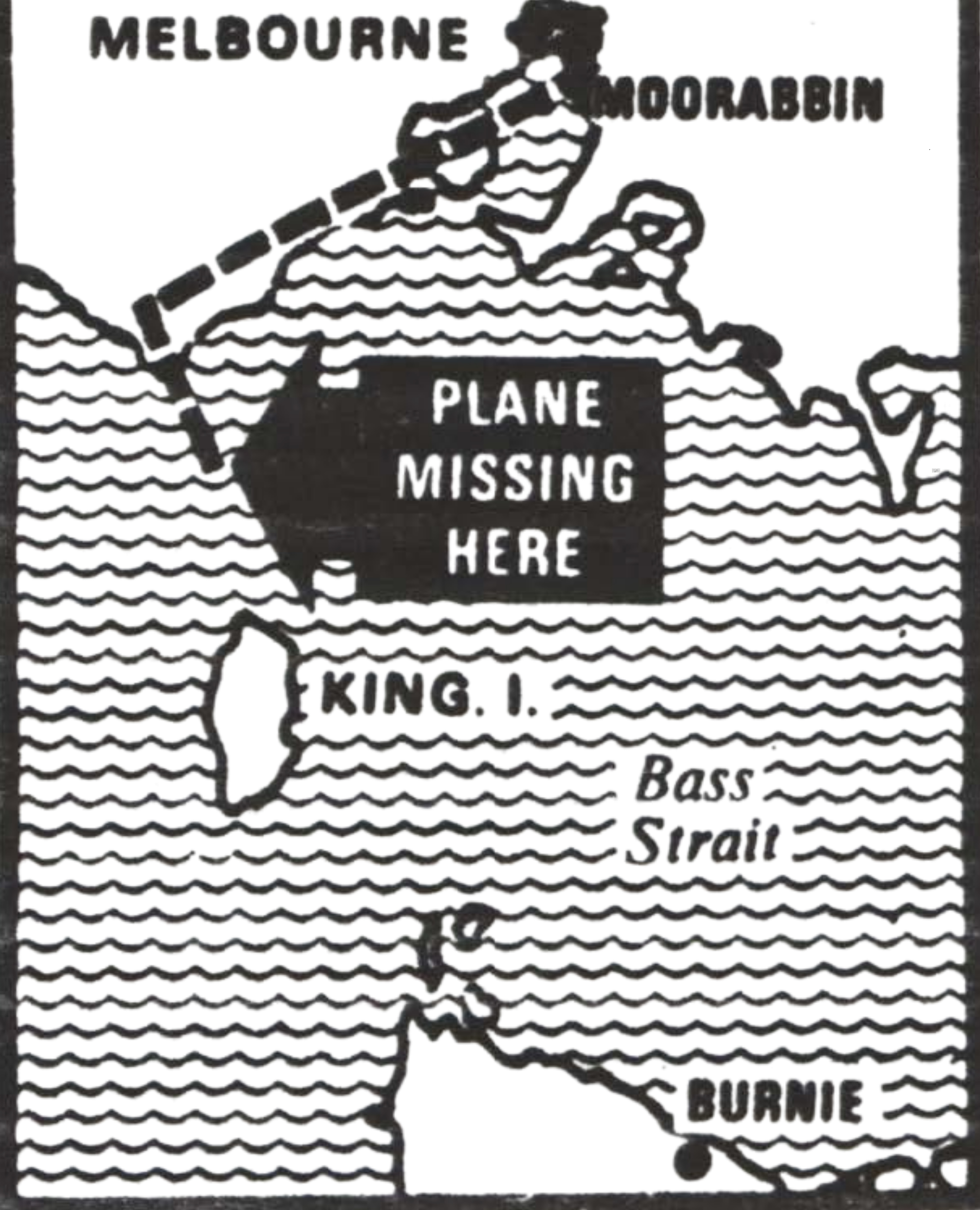 Map showing Melbourne, Moorabbin Airport, Bass Strait, Cape Otway, King Island, and the area where Valentich's aircraft went missing