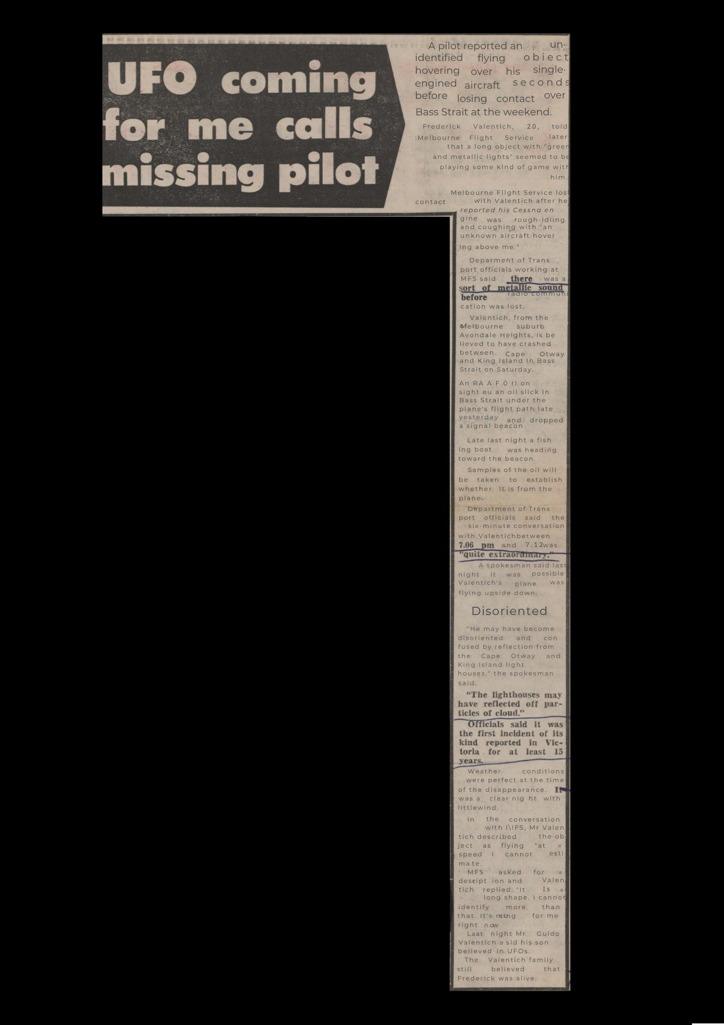 Daily Telegraph, 23 October 1978: Massive Search for Missing Pilot