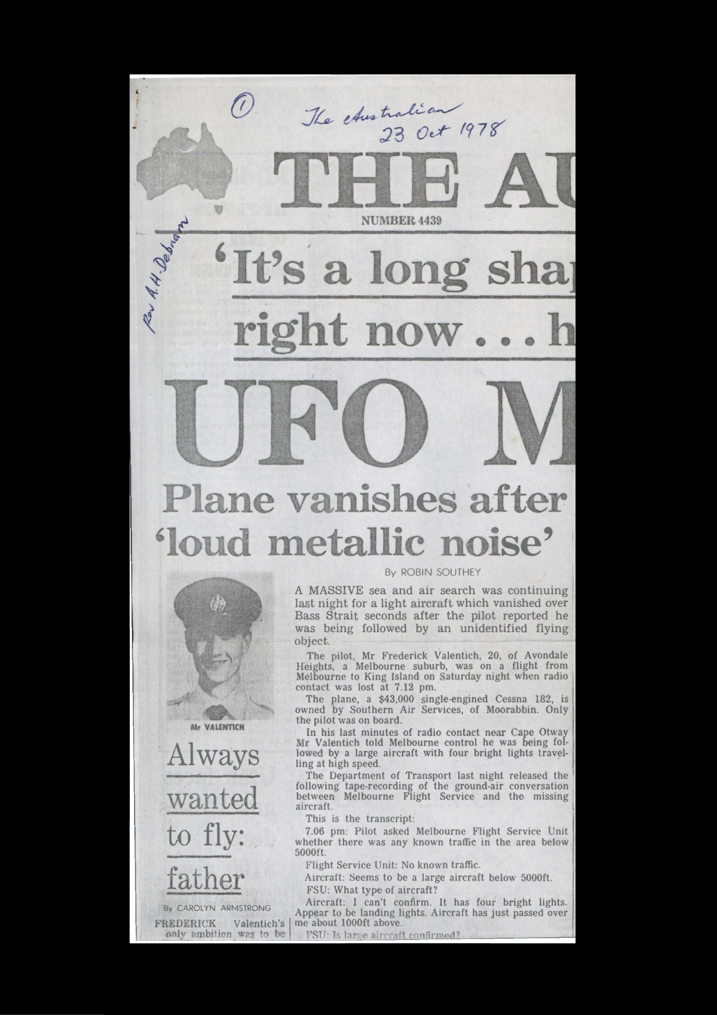 The Australian newspaper front page, 23 October 1978, reporting Valentich disappearance