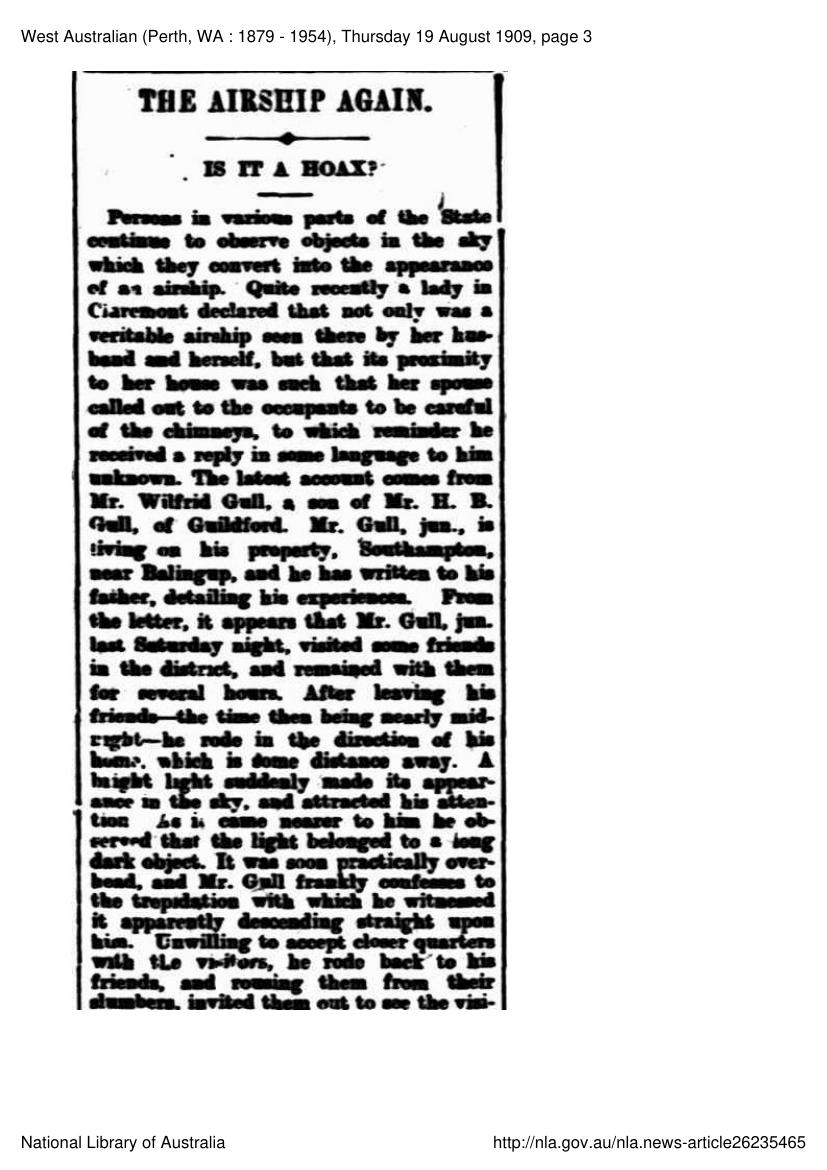 The West Australian newspaper, August 1909, reporting on continued public interest in unexplained airship sightings during the closing years of the Great Airship Wave.