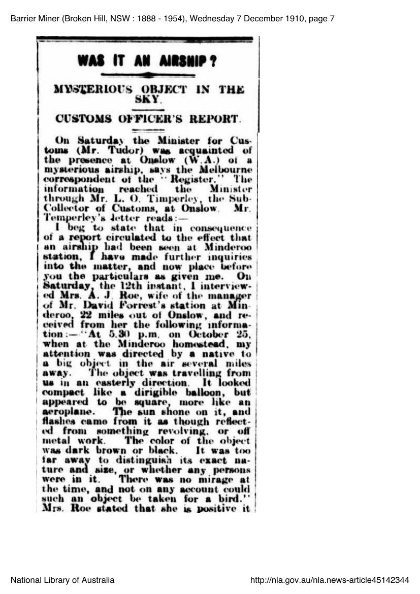 Barrier Miner newspaper, 7 December 1910, Australia, with the headline 'Was It an Airship'.