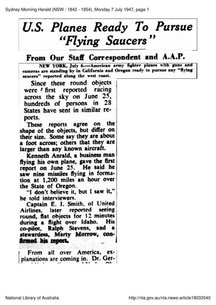 Sydney Morning Herald, 7 July 1947, headline reporting US plans to pursue flying saucers — one of the earliest Australian press treatments of the post-Arnold phenomenon.
