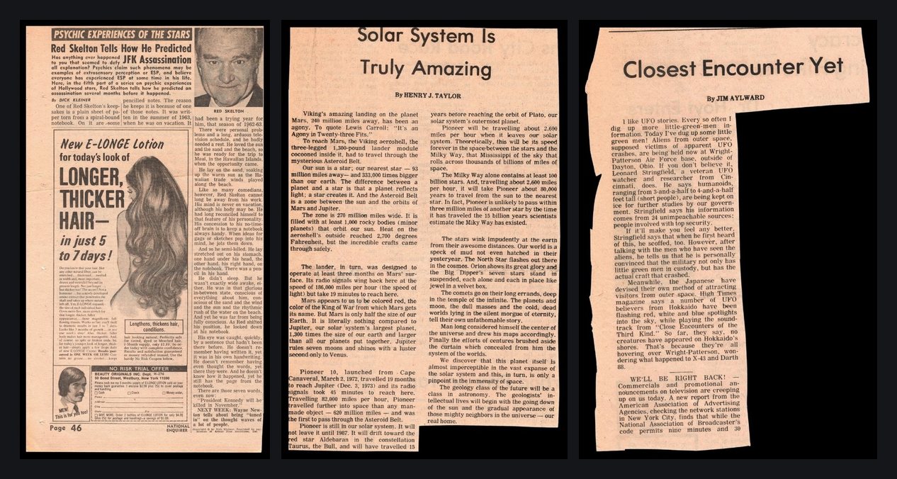Three clippings the New Hampshire collector kept beside the UFO reports: a psychic feature, a UFO humour column, and a science column.