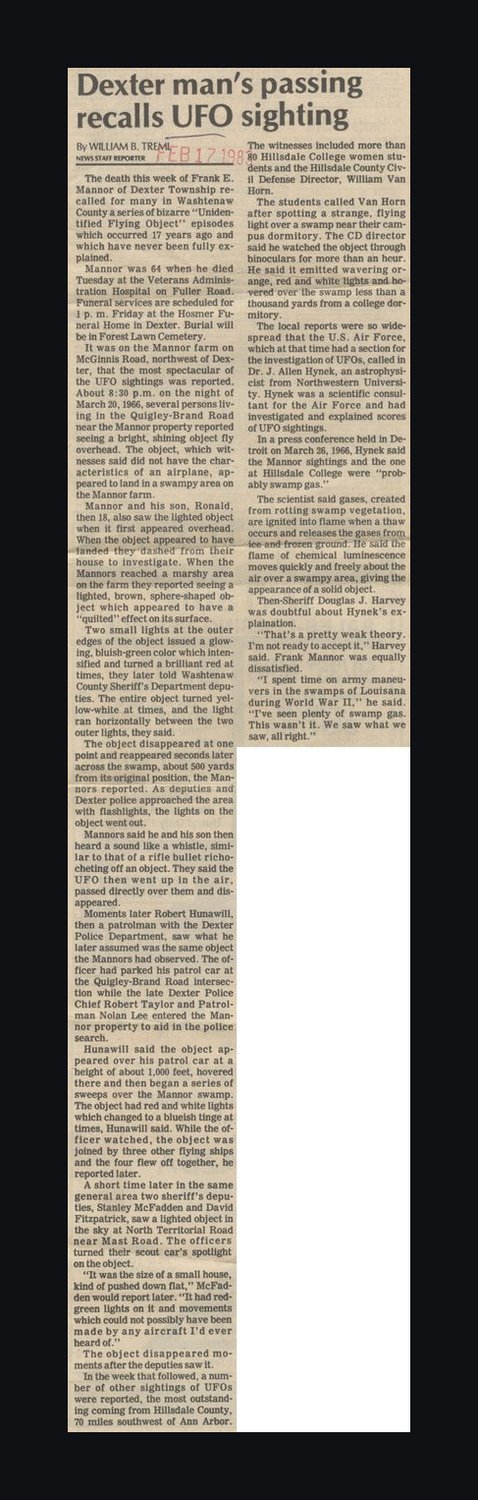 Dexter Man's Passing Recalls UFO Sighting, Later retrospective