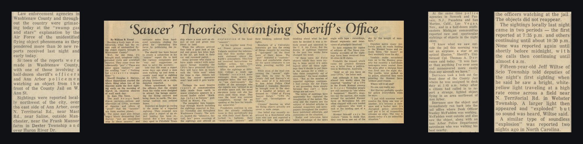 Newspaper clippings reporting the March 1966 UFO wave across Washtenaw County, Michigan.