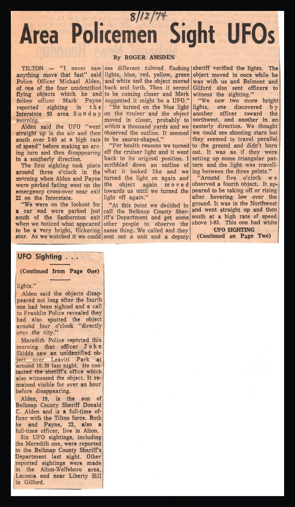 Area Policemen Sight UFOs, 12 August 1974 · Laconia Evening Citizen