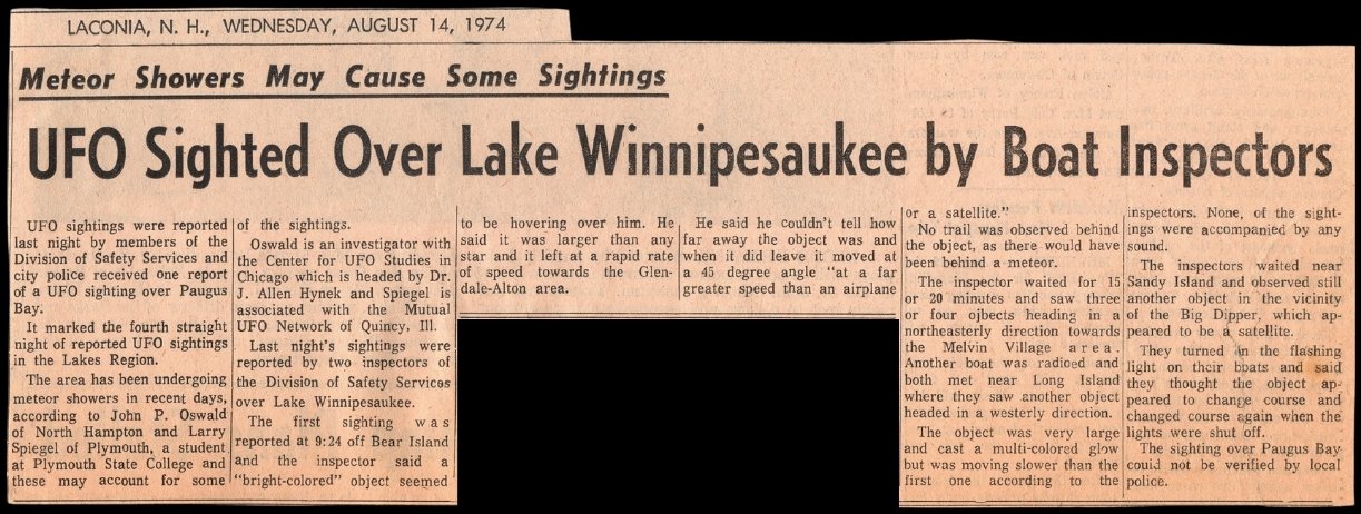 UFO Sighted Over Lake Winnipesaukee by Boat Inspectors, 14 August 1974 · Laconia Evening Citizen