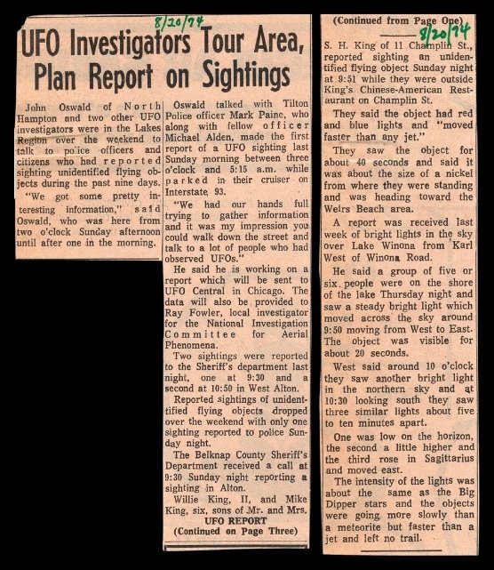 UFO Investigators Tour Area, Plan Report, 20 August 1974 · Laconia Evening Citizen
