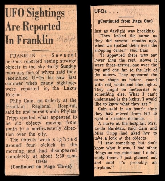 UFO Sightings Are Reported In Franklin, 18 November 1974