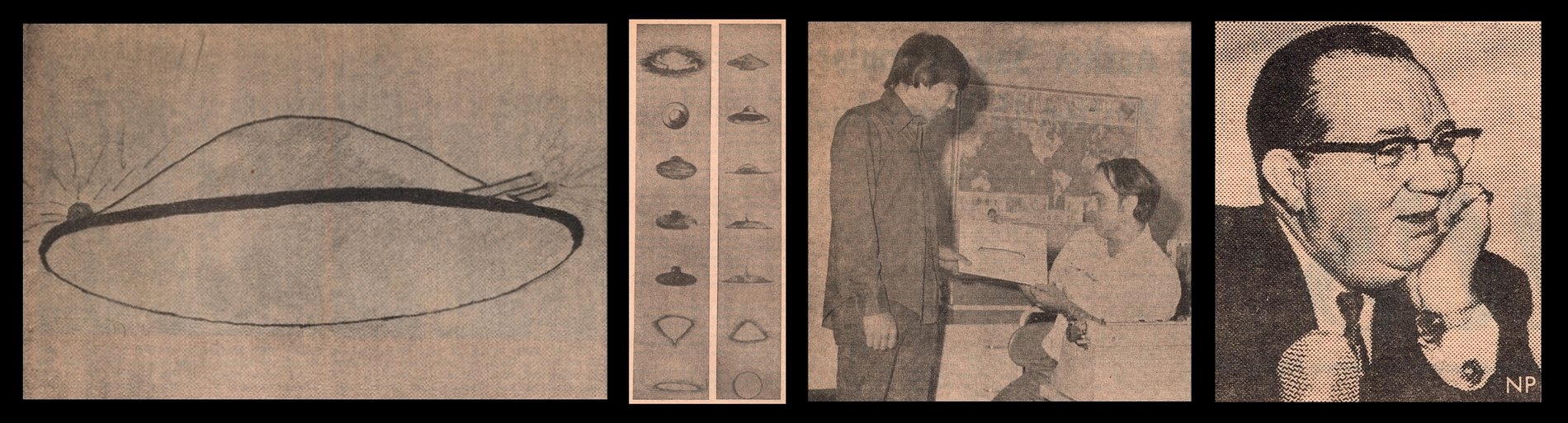 A row of 1974 New Hampshire newspaper clippings reporting UFO sightings over the Lakes Region.