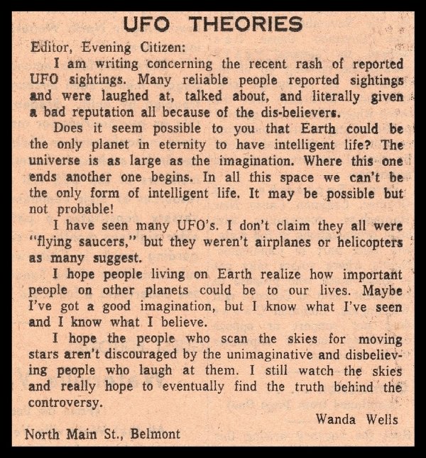 UFO Theories (Letter to the Editor), Undated, c. 1974 · Laconia Evening Citizen