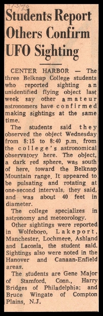 Students Report Others Confirm UFO Sighting, 3 April 1973 · Center Harbor