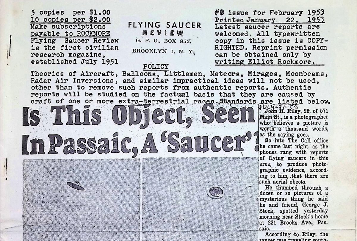 Cover of Flying Saucer Review Issue #8, February 1953, featuring the Passaic saucer photographs and the magazine's editorial policy statement