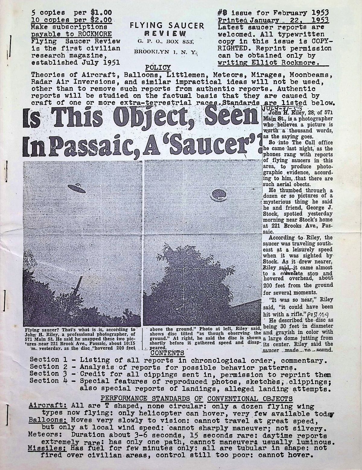 Full front page of Flying Saucer Review Issue #8, showing the masthead, policy statement, Passaic saucer photographs, contents listing, and Performance Standards of Conventional Objects