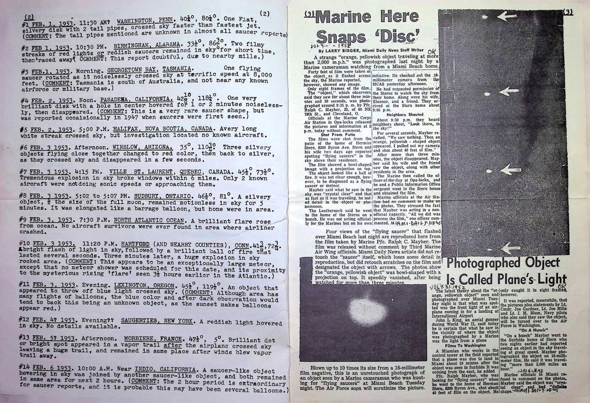 Pages 2-3 of Flying Saucer Review showing the chronological sighting log with commentary and the Marine Mayher Miami Beach disc newspaper clipping