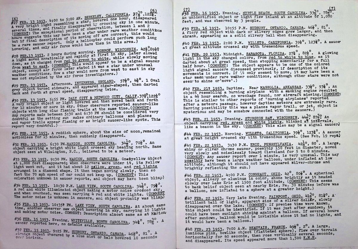 Pages 6-7 showing continued sighting reports #27-48 and statistical analysis