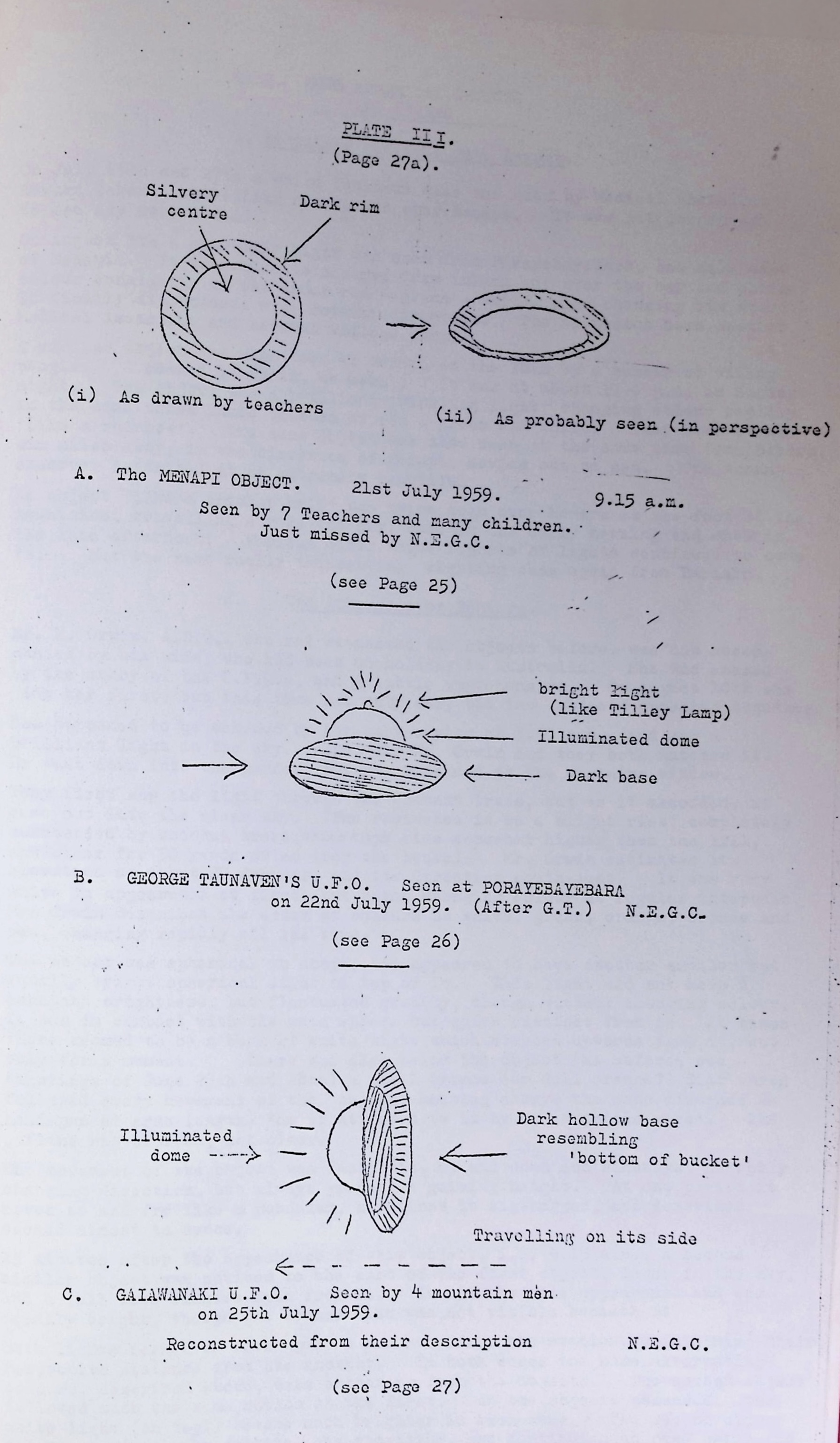Plate III: Three witness drawings showing disc-shaped objects