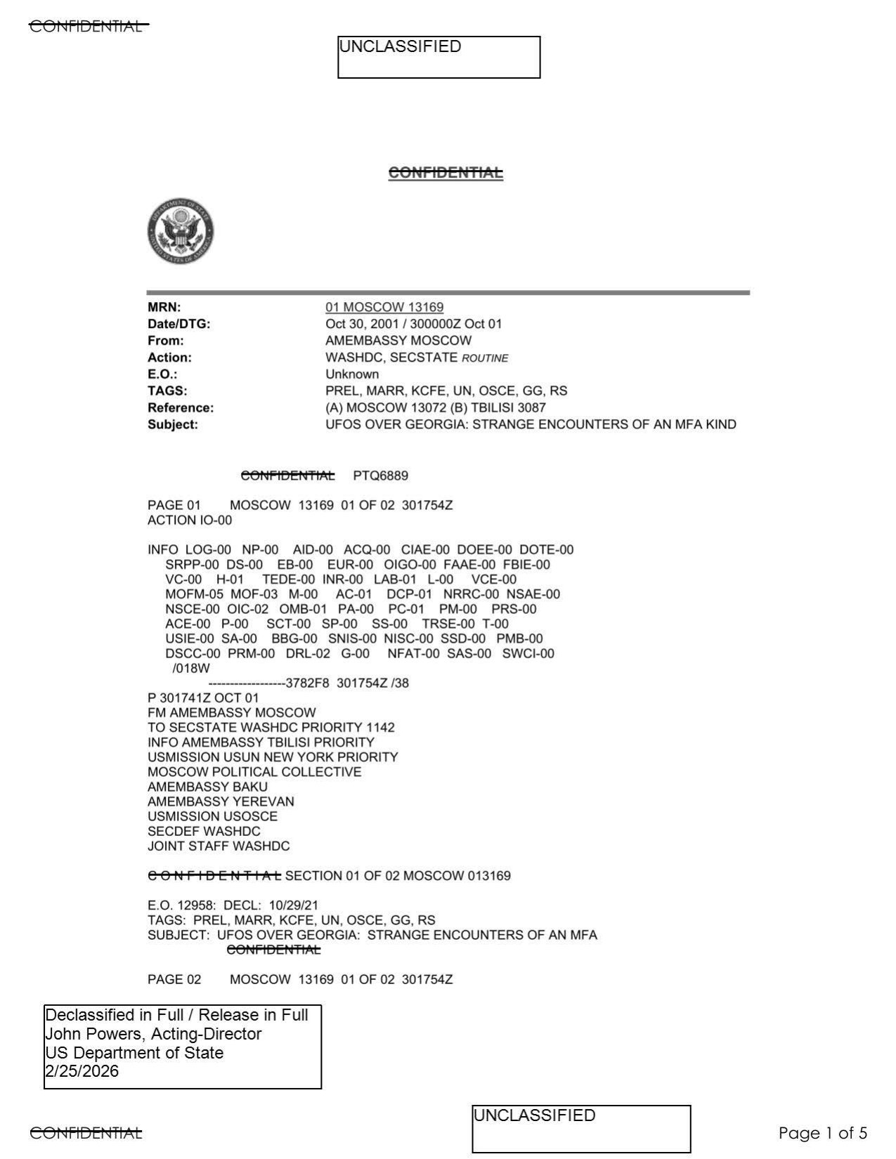 First page of a document from the PURSUE Release 01, U.S. Department of War, 2025.