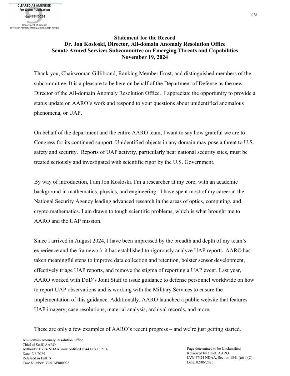 First page of an SASC open hearing briefing document.