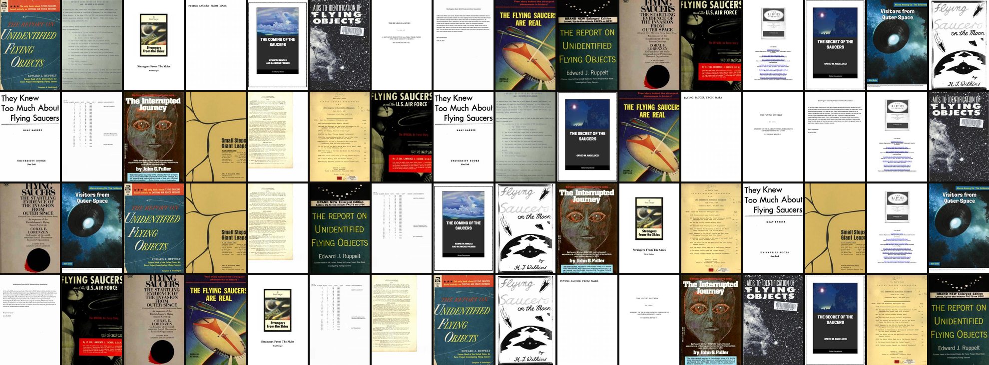 A wall of vintage flying-saucer book covers from the 1950s and 1960s, including titles by Ruppelt, Keyhoe, and Arnold.