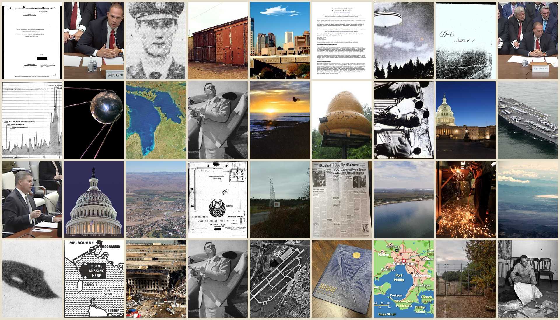 A wall of case-file material: sighting sites, witnesses, congressional hearings, and declassified documents from across the archive.