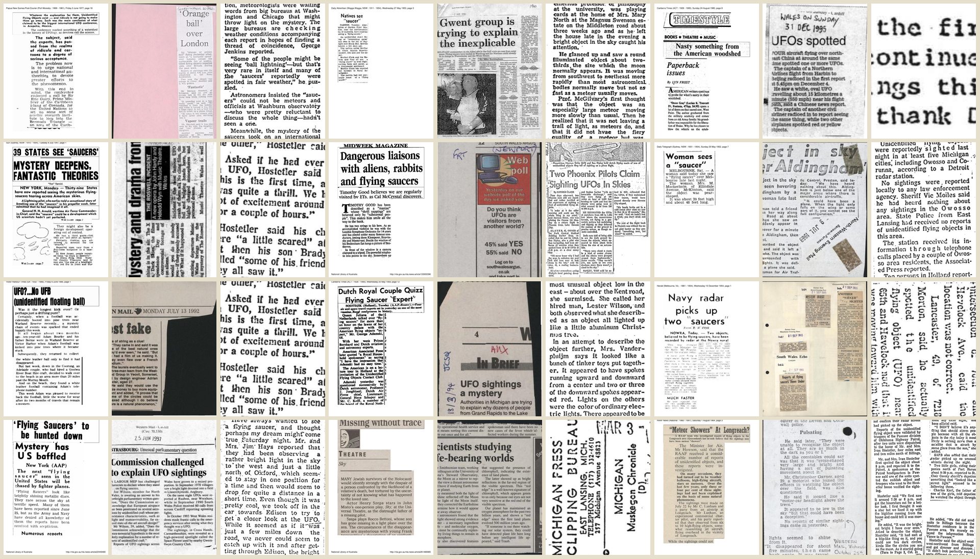 A wall of vintage newspaper clippings reporting flying-saucer and UFO sightings across decades and several countries.