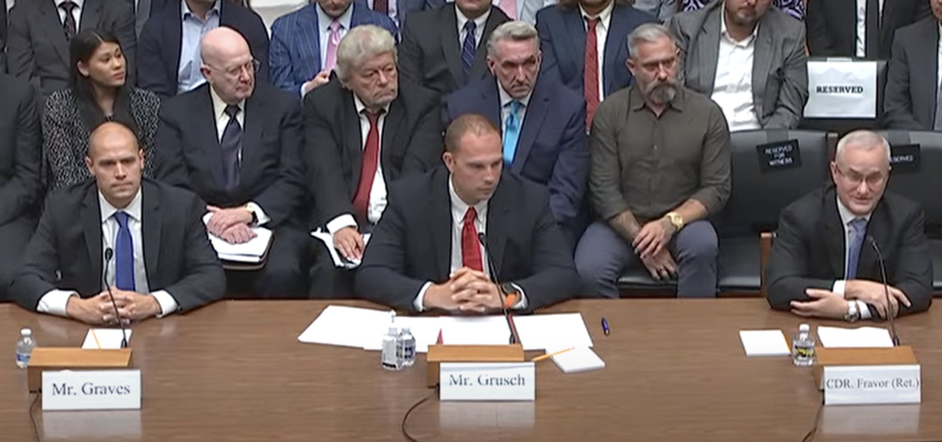 David Grusch, David Fravor, and Ryan Graves testifying before the US House Oversight subcommittee on unidentified anomalous phenomena, 26 July 2023.