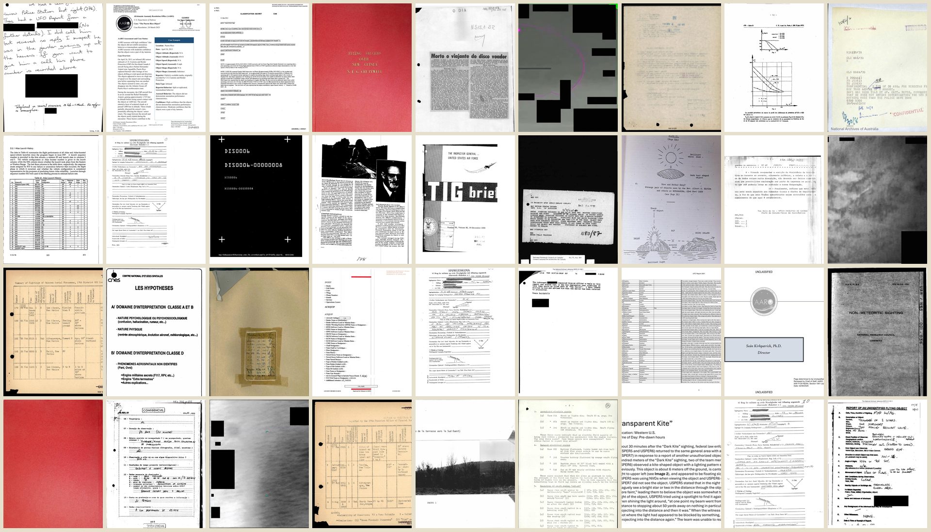 A wall of declassified government UAP documents from several nations: memos, reports, classification stamps, redacted pages, and witness sketches.