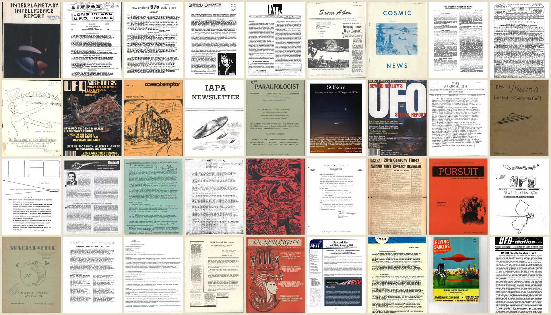 A wall of UFO research newsletter and magazine covers spanning decades and several countries, from the archive's periodical collections.