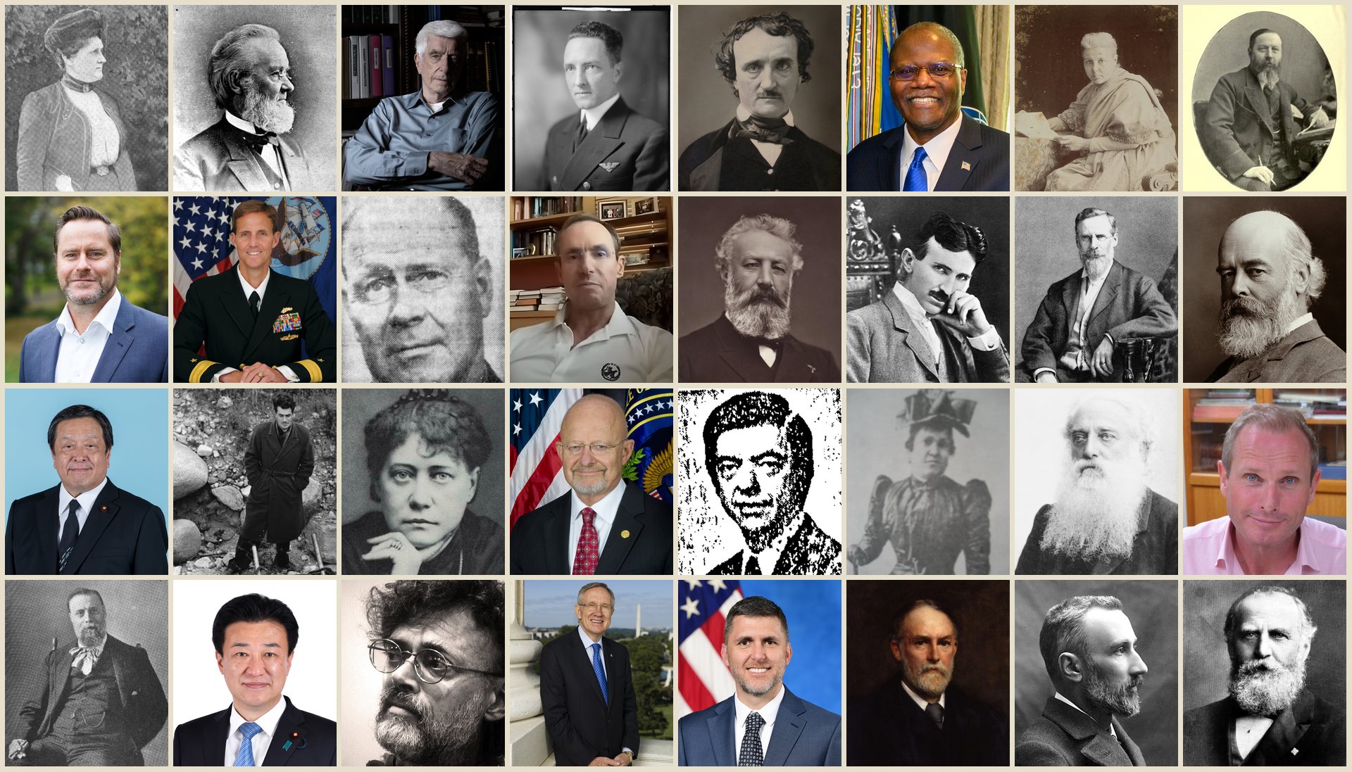 A wall of portraits of figures across the record, from nineteenth-century researchers to the modern disclosure-era witnesses.