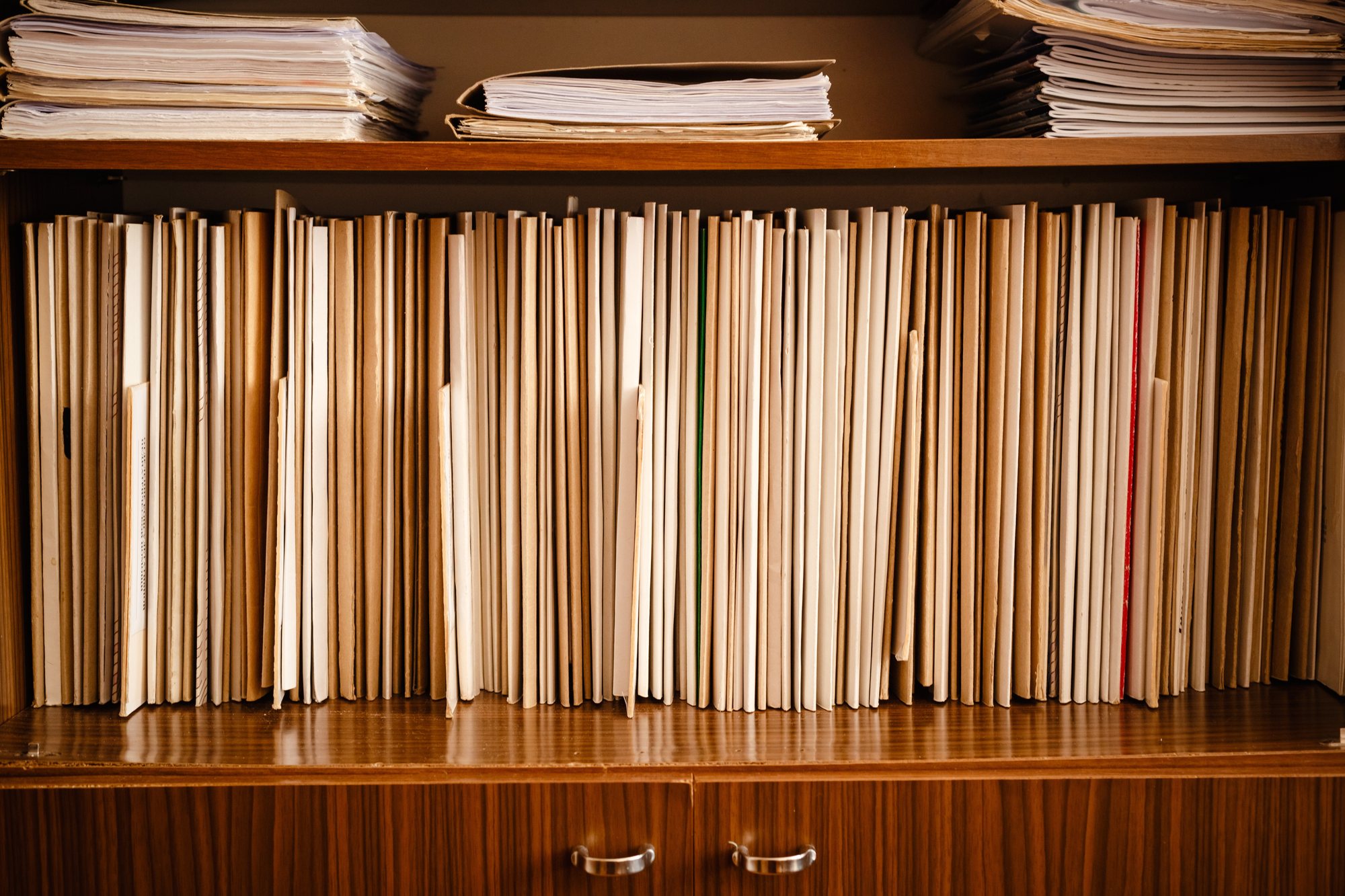 A shelf of archival case files and document folders, the reference record of the archive.