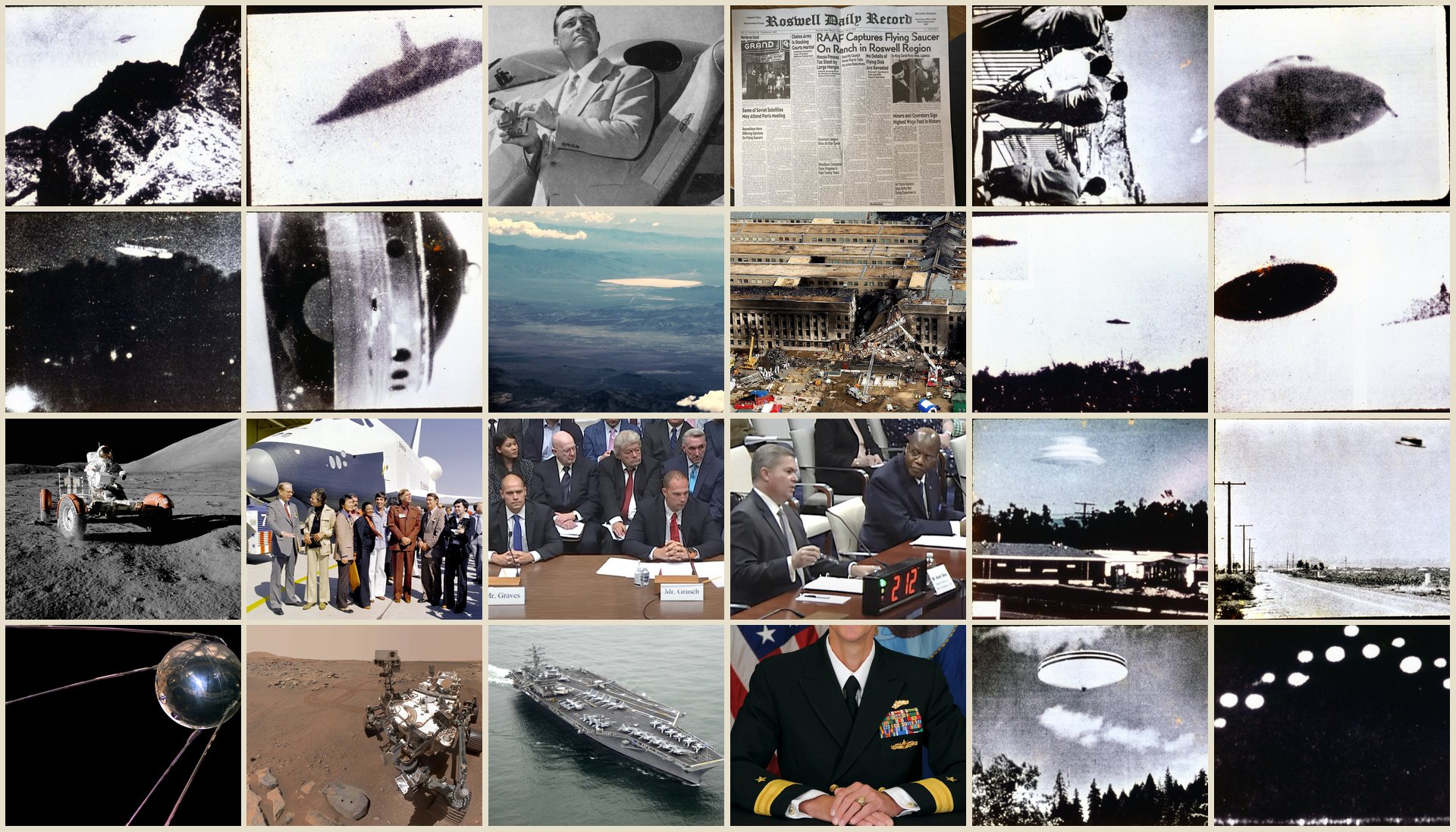 A wall of moments from the record, grouped by era: vintage flying-saucer photographs, the space age, and the early and present disclosure years.