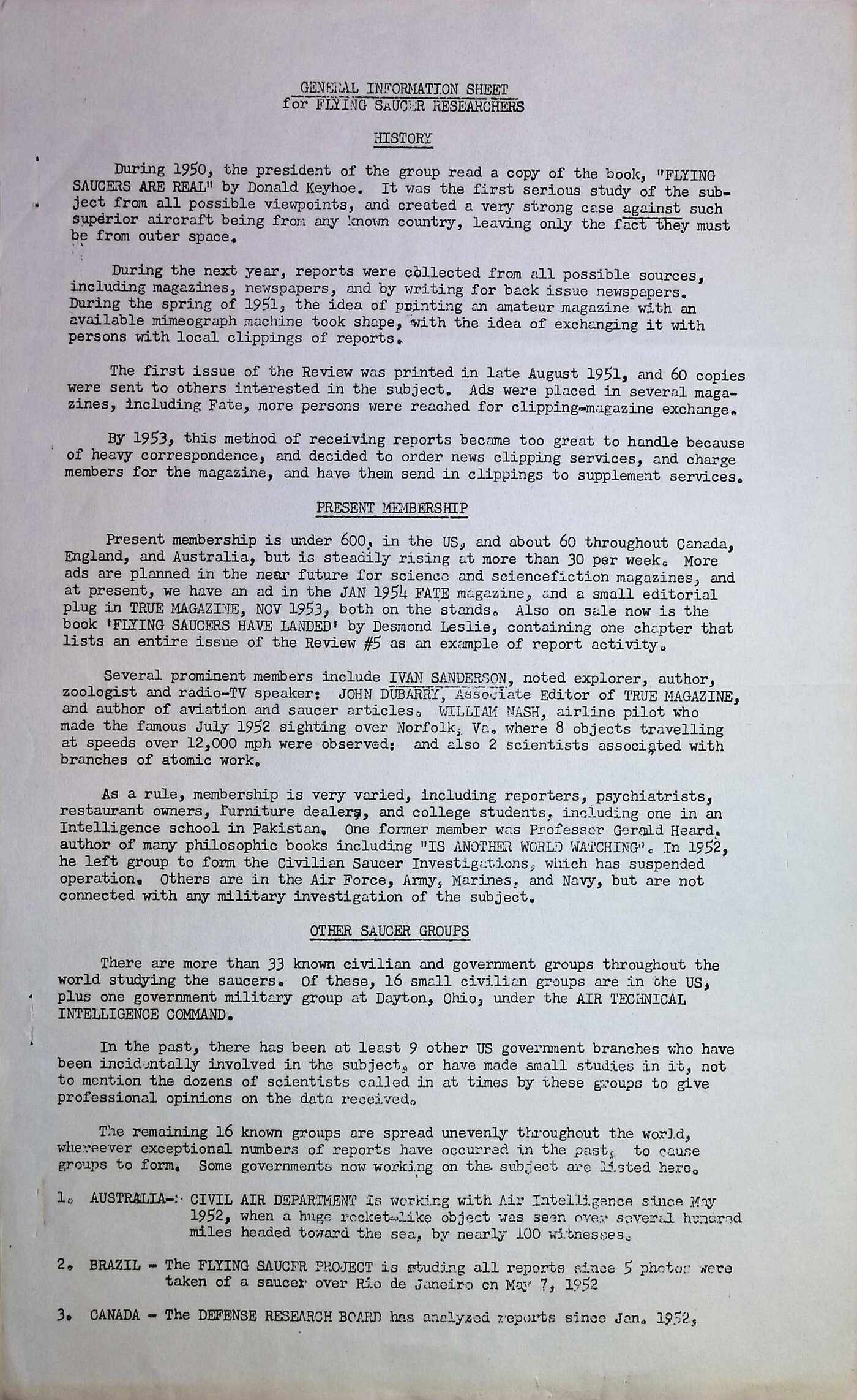 Civilian Information Brief for Flying Saucer Researchers, page 1, 1952 to 1953.