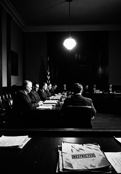 A closed-door congressional committee session with officials seated at a long table and classified documents stamped RESTRICTED in the foreground