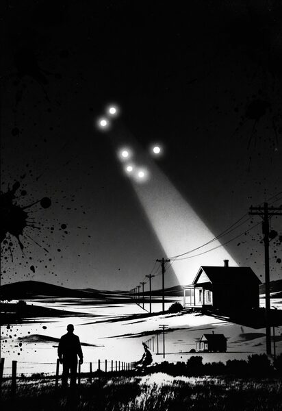 A rural farmland scene at night with multiple bright lights hovering in formation above the landscape while a lone figure watches from a fence line