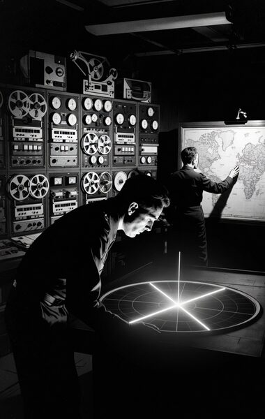 Military officers examine documents at night on an improvised field desk as a bright anomalous light bursts in the sky above hangars