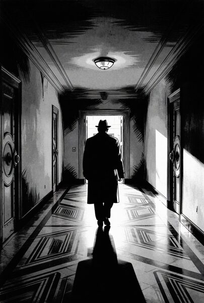 A lone figure in a trench coat and hat walks down a dimly lit government corridor carrying classified documents