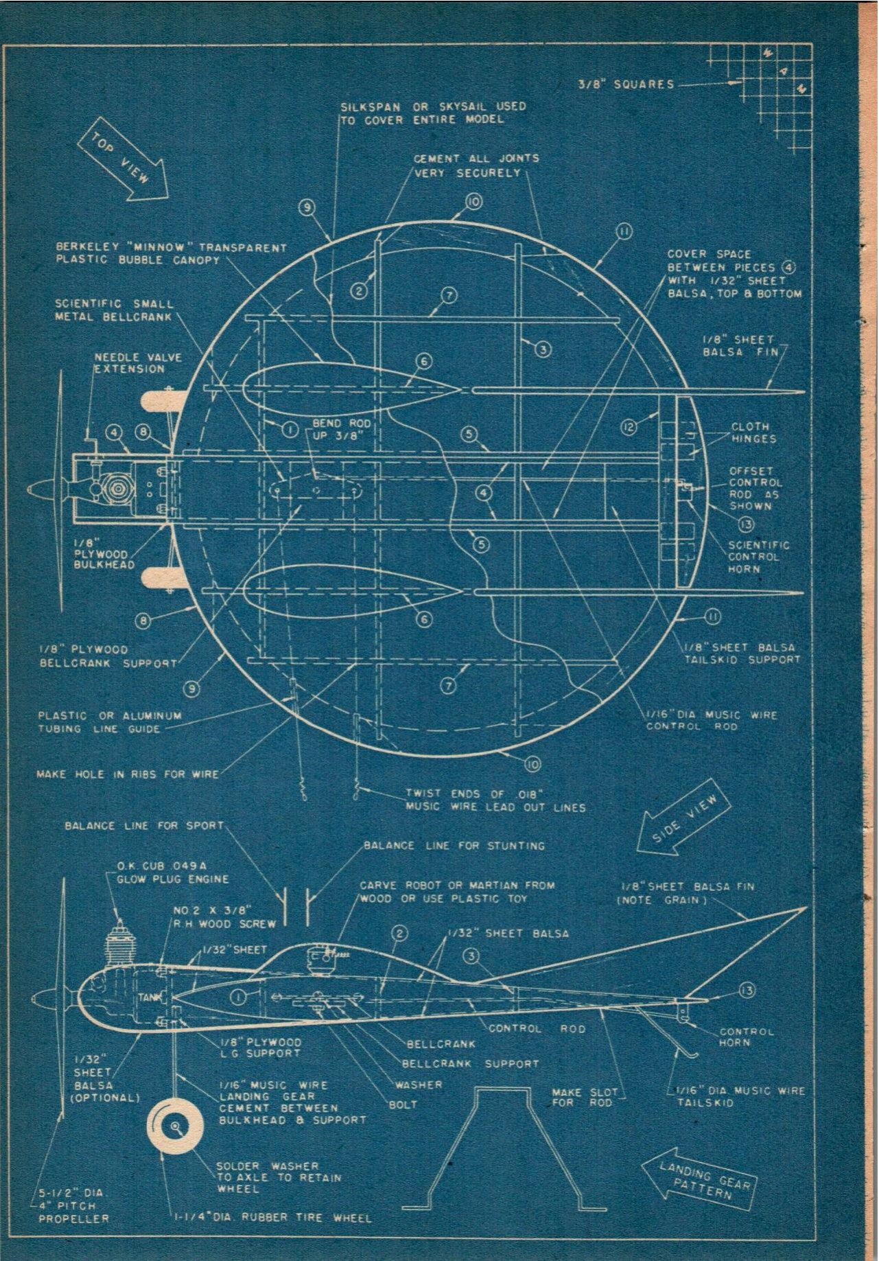 Full blueprint page from Mechanix Illustrated showing top view and side view technical drawings of the Martian Invader flying saucer model airplane, with detailed part labels and measurements, printed white-on-blue